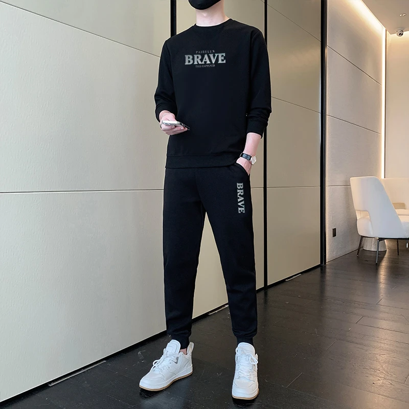 春秋新款男士时尚休闲卫衣套装长袖加厚潮流宽松圆领运动百搭冬