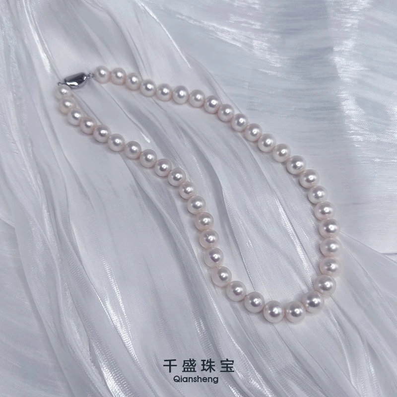 中秋节天然淡水无核珍珠项链正圆强光真珠7-9mm点位明星同款925银