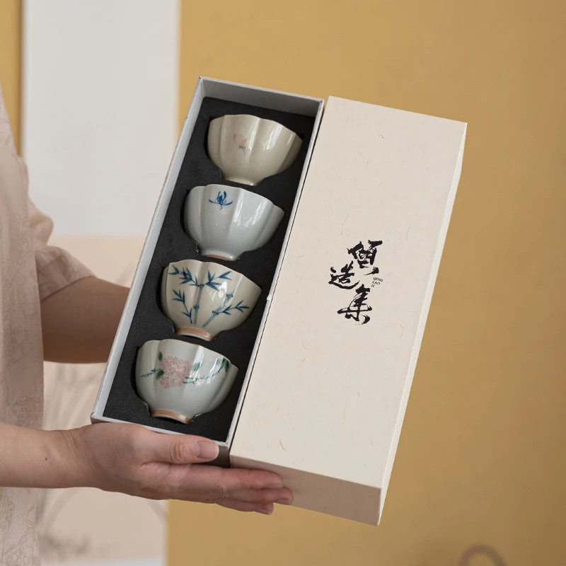 主人杯套组礼盒装陶瓷功夫茶具茶杯海棠品茗杯手绘单杯伴手礼送礼