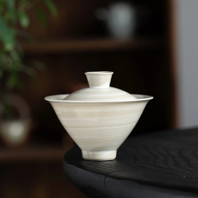 盖碗日式复古二才盖碗粉引草木灰单个功夫茶手工泡茶茶碗小斗笠