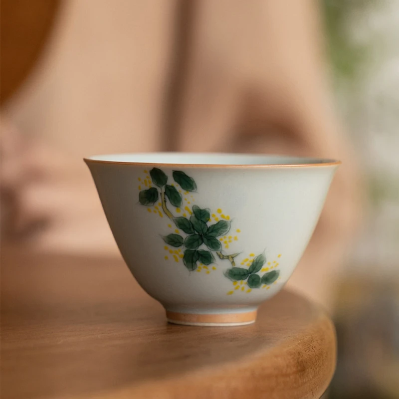 家用陶瓷品茗杯单个茶盏主人杯功夫茶具茶杯仿古青手绘桂花玉兰杯