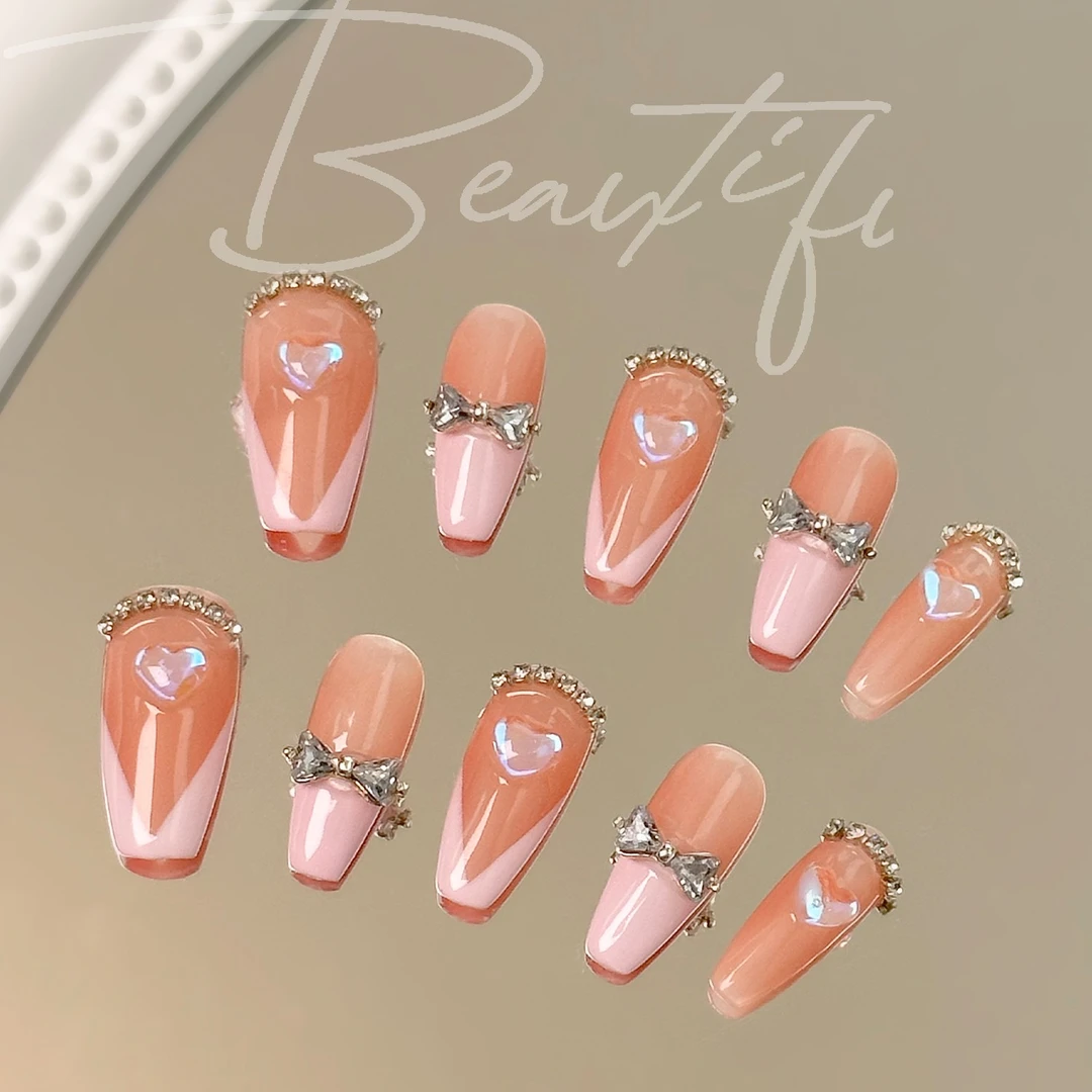 【全糖奶茶】甲上飞舞甜美可爱公主风少女粉穿戴纯手绘穿戴甲BSX278