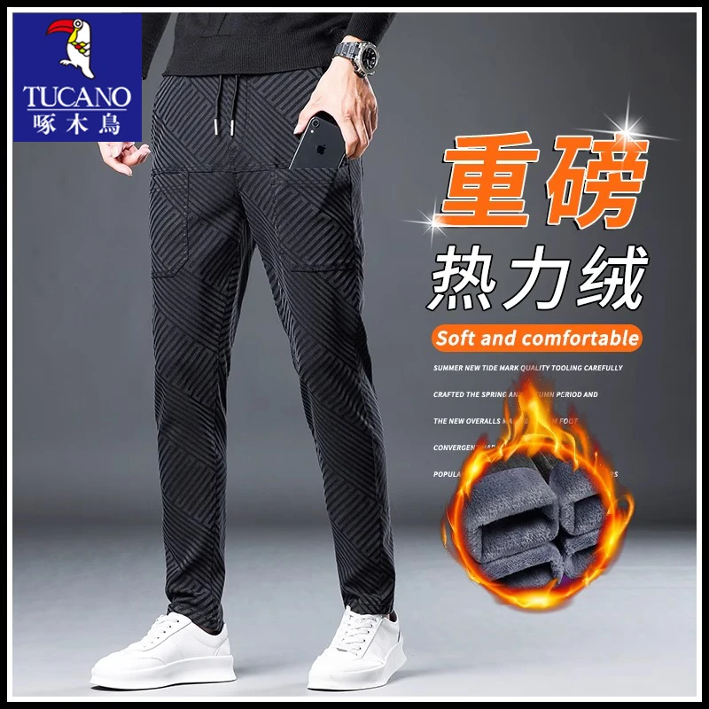 啄木鸟秋冬款加绒男士休闲裤子男款冬季工装裤男生加厚直筒长裤男