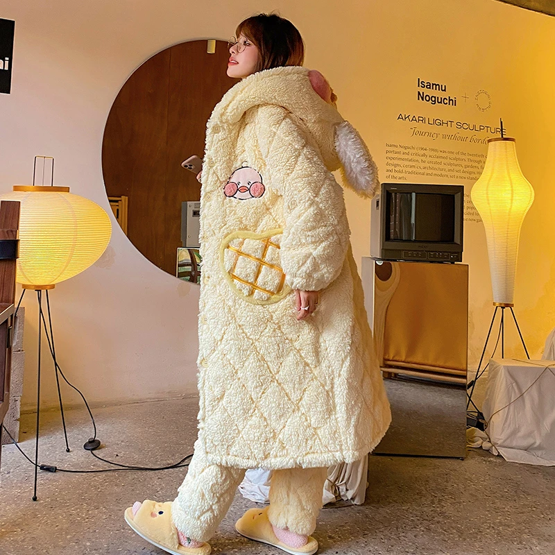 网红嘟嘟鸭睡袍女生冬季大码夹棉长款睡衣珊瑚绒加厚可外穿家居服