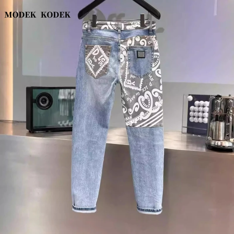 MODEK KODEK轻奢潮牌印花休闲直筒宽松牛仔裤男士高品质复古长裤