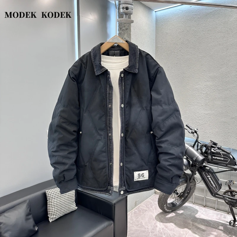 MODEK KODEK秋冬新款男士长袖加绒牛仔休闲棉服潮流保暖翻领外套