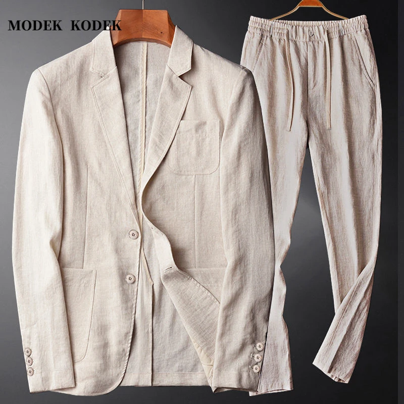 MODEK KODEK高档亚麻休闲西服套装男士薄款西装外套直筒裤两件套