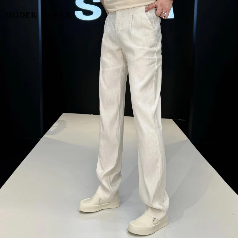 MODEK KODEK高级感亚麻垂感休闲裤男士秋季潮流直筒宽松纯色长裤