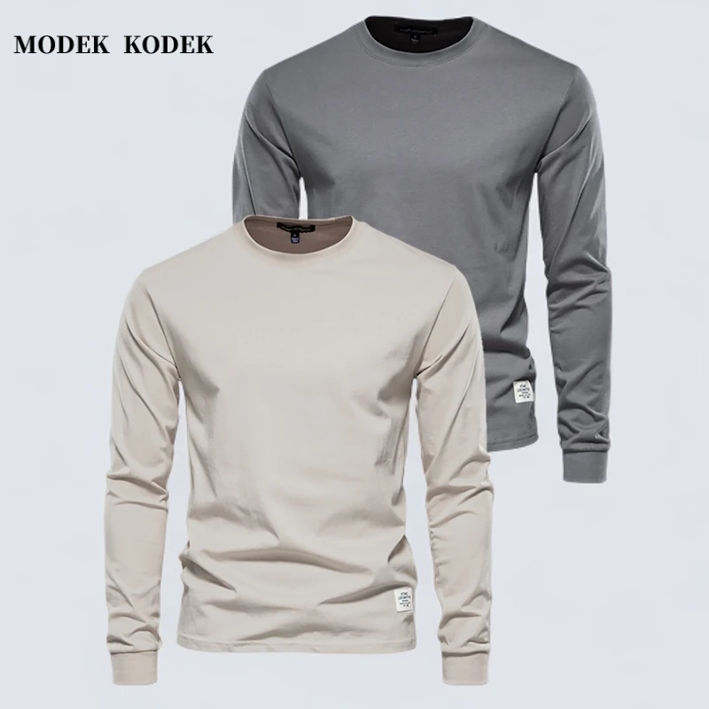 MODEK KODEK新款精梳棉质圆领长袖男装休闲T恤秋季纯色百搭打底衣