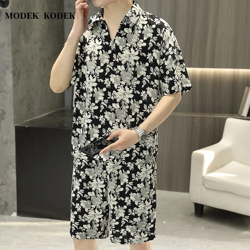 MODEK KODEK新款痞帅休闲套装冰丝短袖短裤男士夏季薄款潮流印花