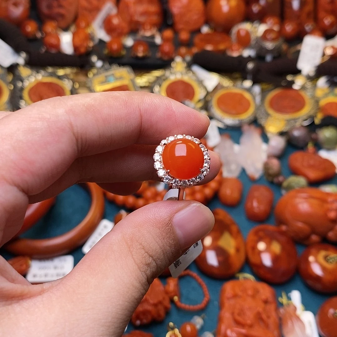 南红玛瑙冰红戒指银S925镶嵌