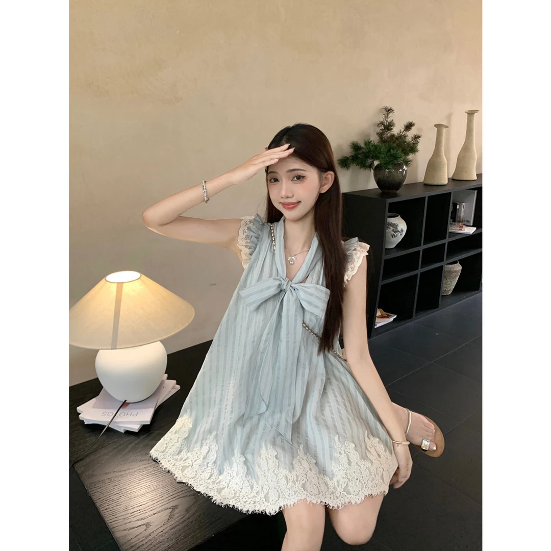韩系松弛感少女条纹蝴蝶结系带显瘦蕾丝小飞袖宽松连衣裙小众气质