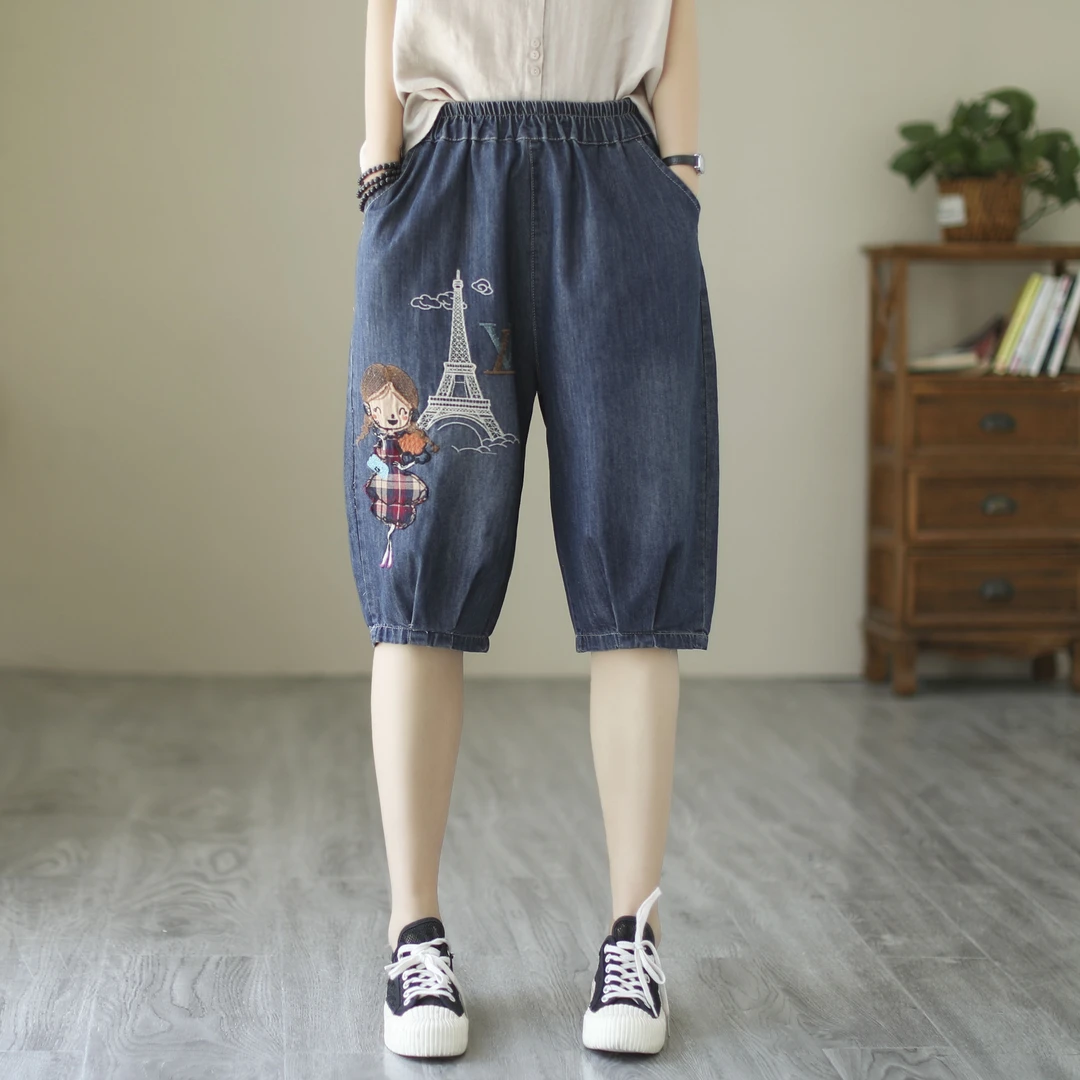 夏季薄款宽松大码文艺复古休闲松紧腰高腰美女刺绣牛仔六分裤