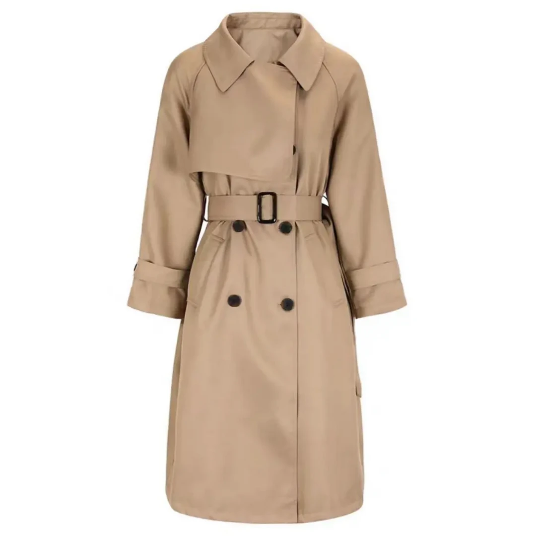 50T新款斜纹大翻领双排扣系带中长款风衣外套