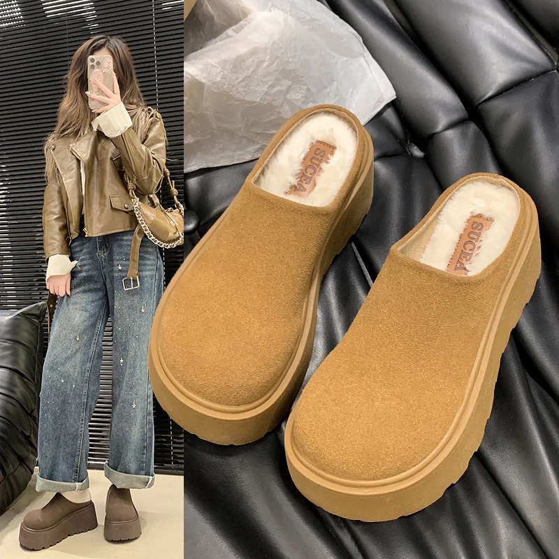 芒果头翻毛皮大头面包鞋时尚一脚蹬半拖鞋小个子松糕厚底超轻加绒