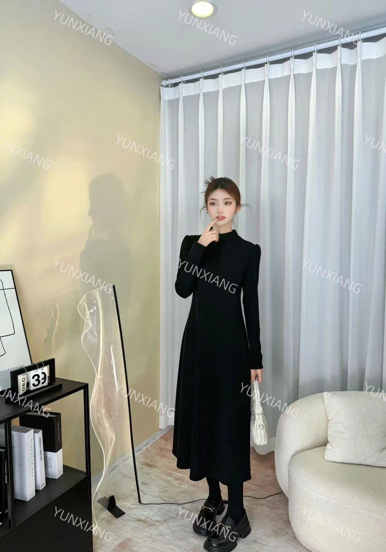 秋冬新款半高领加绒加厚打底百搭显瘦时尚洋气保暖中长款连衣裙