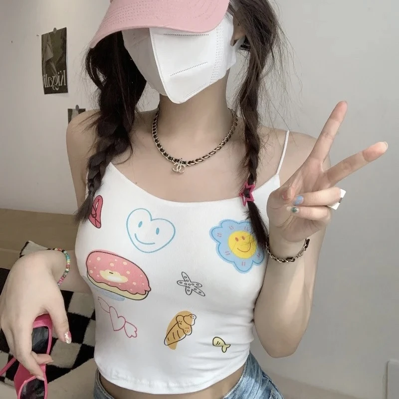 可可爱爱甜妹没道理！纯欲修身印花带胸垫吊带设计感显瘦百搭