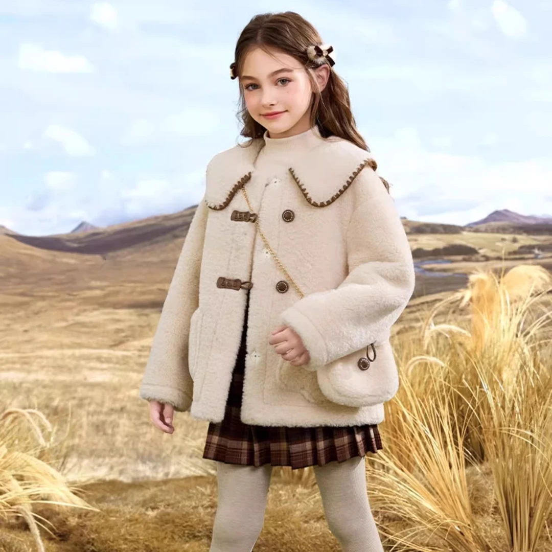 女童短款毛绒外套24秋冬新款大童仿羊羔绒皮毛一体儿童大衣4025