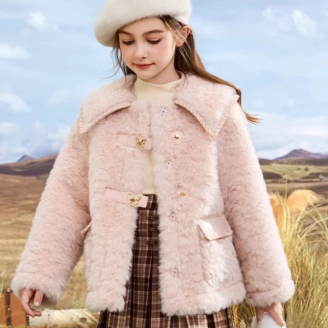 女童小香风毛绒外套24秋冬新款洋气女仿羊羔绒皮毛一体大衣4033