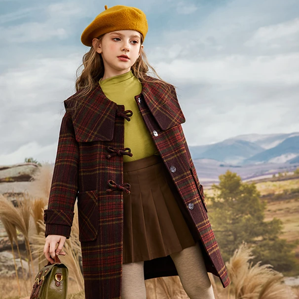 大翻领格纹大衣中大童4090