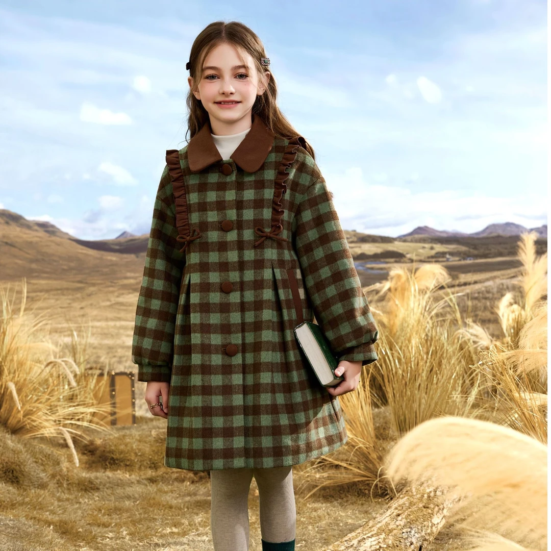 经典韩版中大童格子女童绵羊毛大衣洋气毛呢中长款加厚中4059