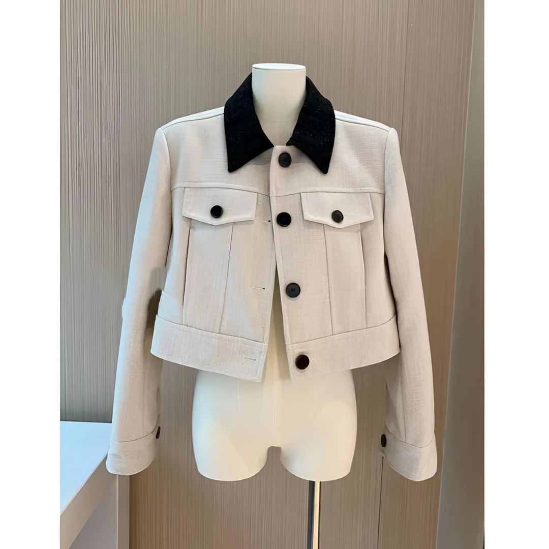 韩系复古小香风设计感撞色翻领上衣女2024秋季新款长袖西装短外套