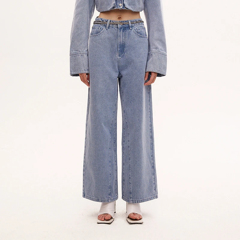 LEEWEI 春夏新款小众美式休闲垂感廓形中低腰水洗牛仔长裤女