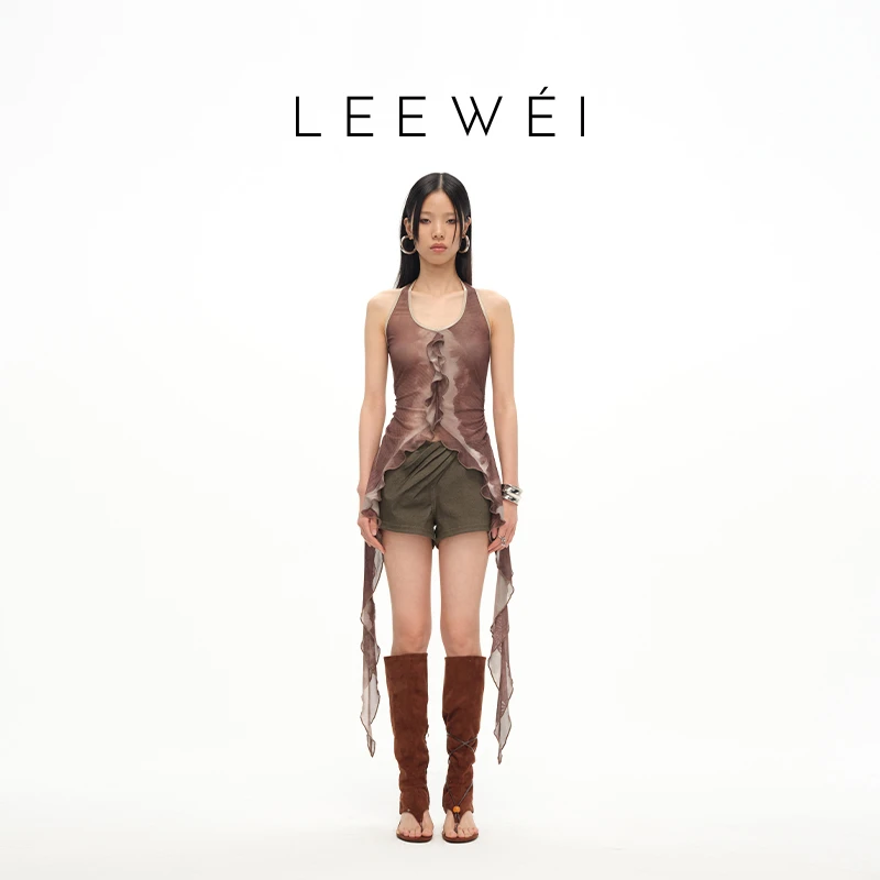 CNLEEWEI 新春挂脖绑带荷叶边针织上衣通勤