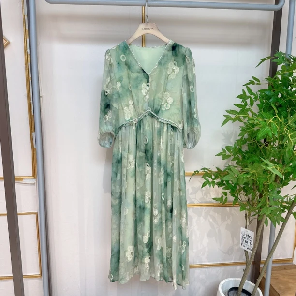 2024夏季女V领侧拉链提花气质减龄显瘦人丝连衣裙LLXC1087