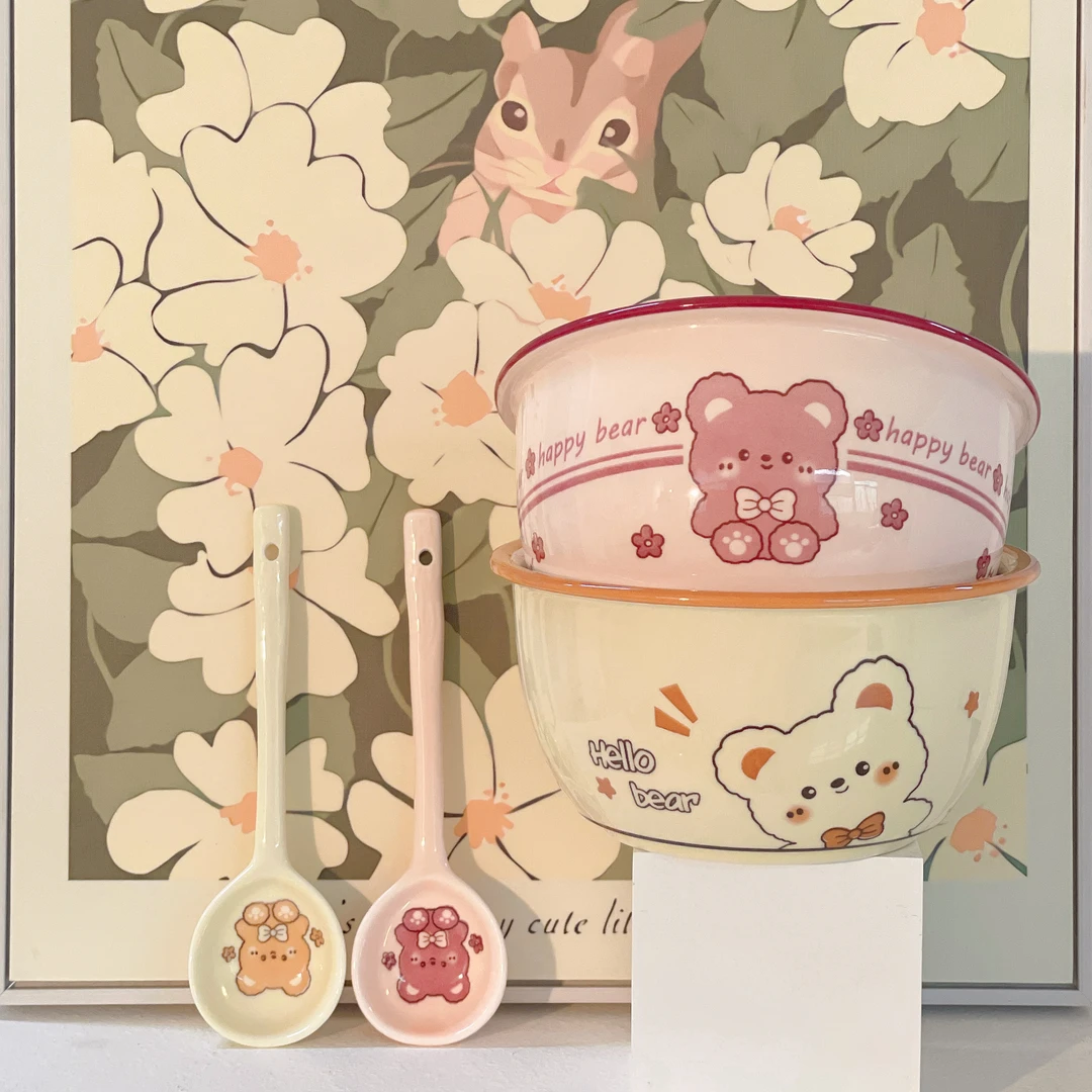 【萌小熊2面碗2勺】6英寸面碗汤碗大容量辅食碗陶瓷学生宿舍碗