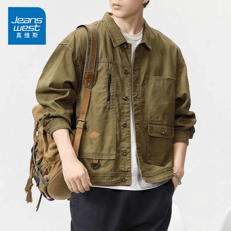 Jeanswest/真维斯春秋美式复古夹克男士宽松潮流休闲百搭工装外套