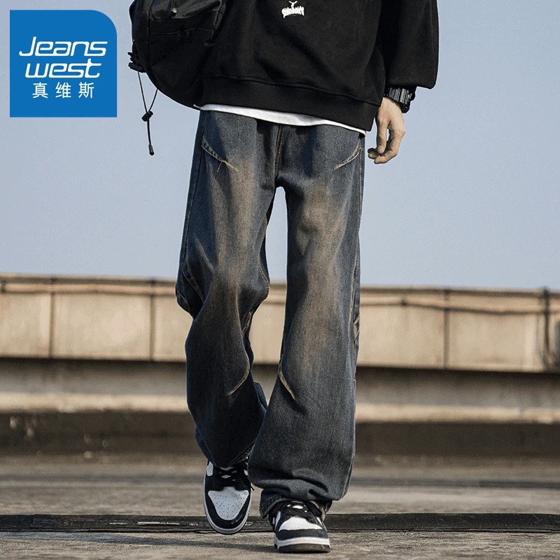Jeanswest/真维斯美式高街复古牛仔裤男士夏季宽松潮牌休闲阔腿裤