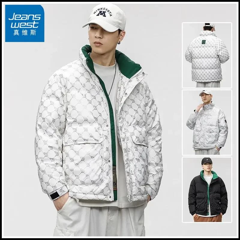 Jeanswest/真维斯男士印花棉服冬季宽松休闲潮牌加厚立领外套男