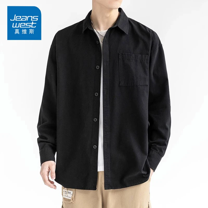 Jeanswest/真维斯纯色男士长袖衬衫秋季宽松简约外套潮流百搭上衣