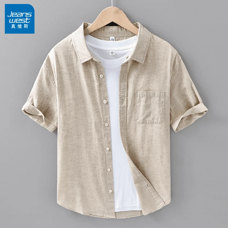 真维斯夏薄款男装亚麻短袖衬衫休闲棉麻衬衣男麻料纯色简约半袖男