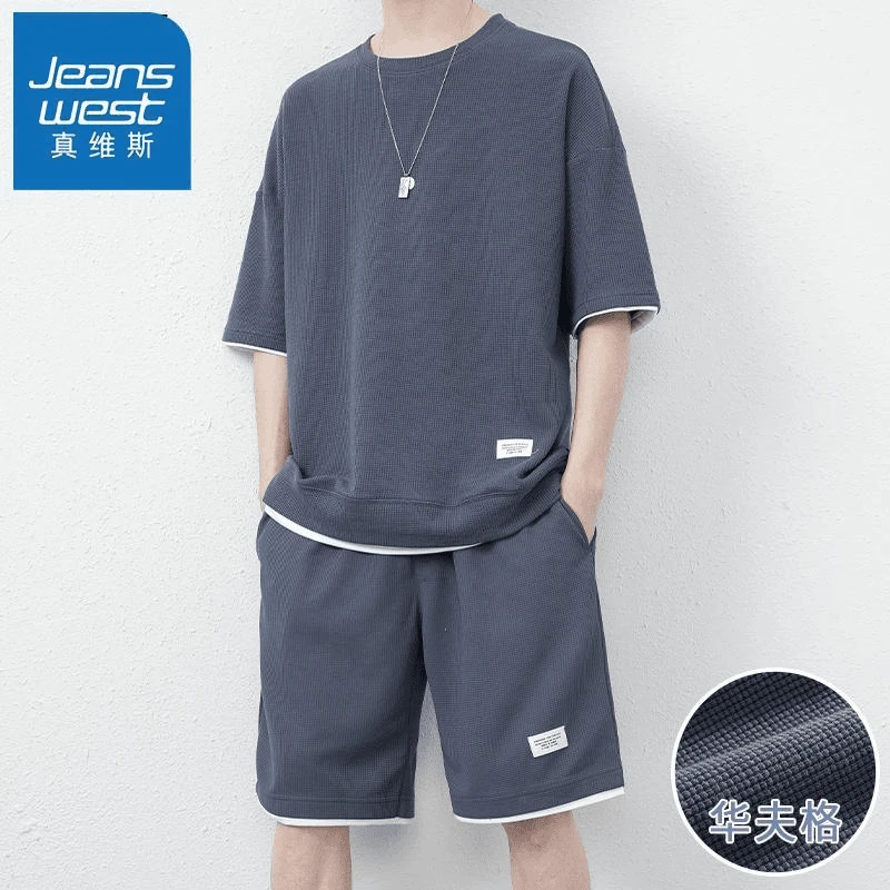 Jeanswest/真维斯冰丝男士套装夏季薄款潮牌宽松休闲运动短袖短裤