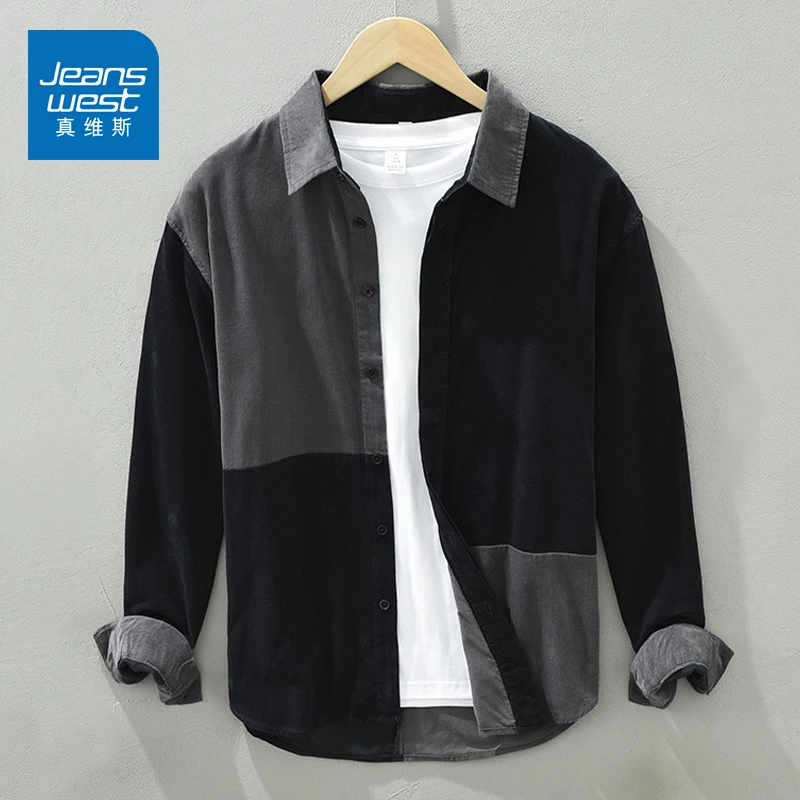 Jeanswest/真维斯美式重磅纯棉衬衫长袖男士宽松翻领打底日系衬衣