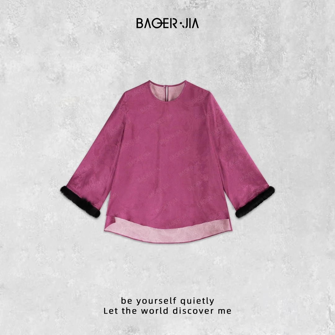 88-【桃之夭夭】宝儿家含幂BK54324311国风提花设计拼接水貂上衣