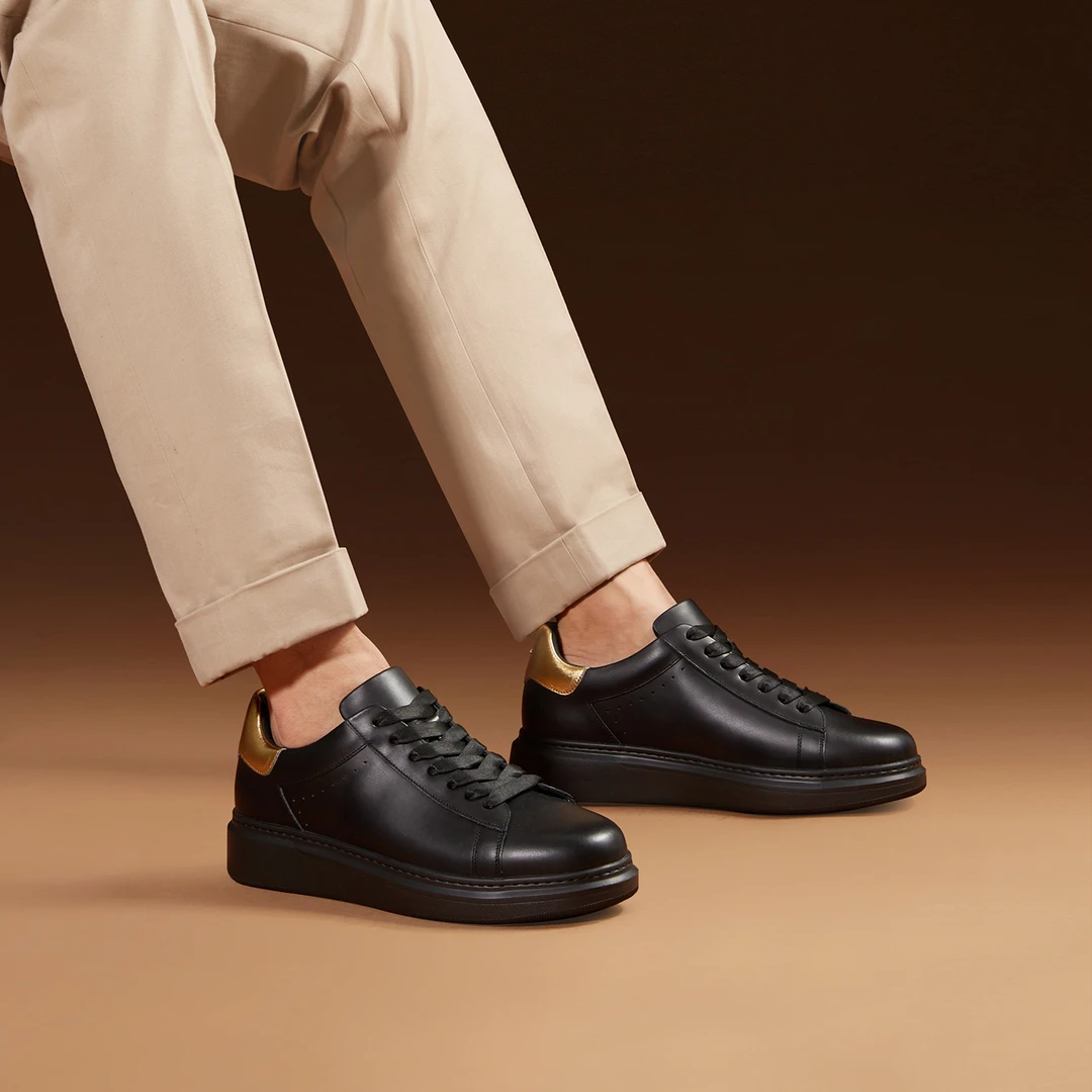 ThomWills男鞋真皮黑色板鞋男休闲皮鞋软皮内增高厚底鞋金尾夏季