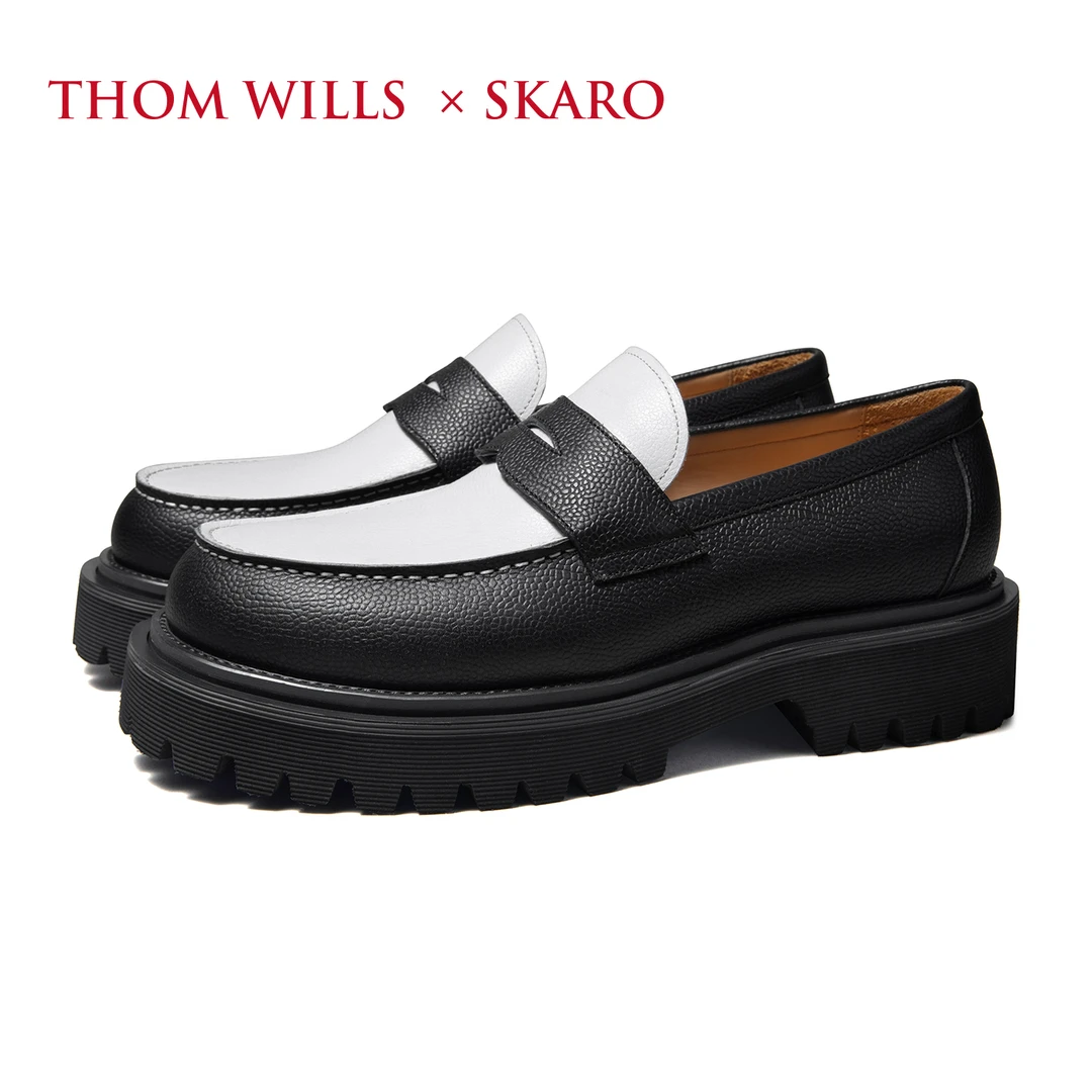 ThomWills&SKARO联名厚底乐福鞋男款圆头增高真皮一脚蹬休闲皮鞋