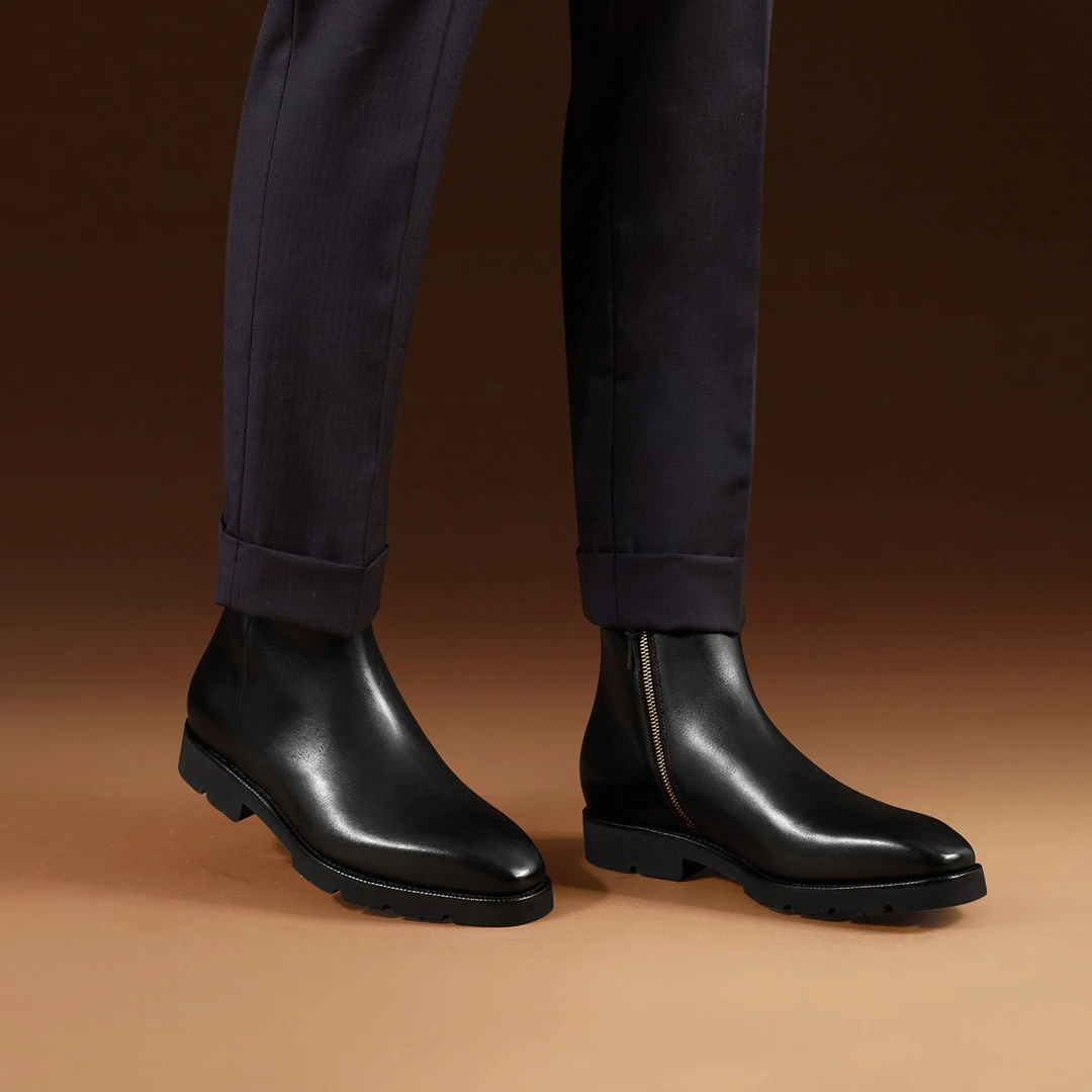 ThomWills短靴男秋季新款商务休闲英伦男士高帮方头真皮切尔西靴