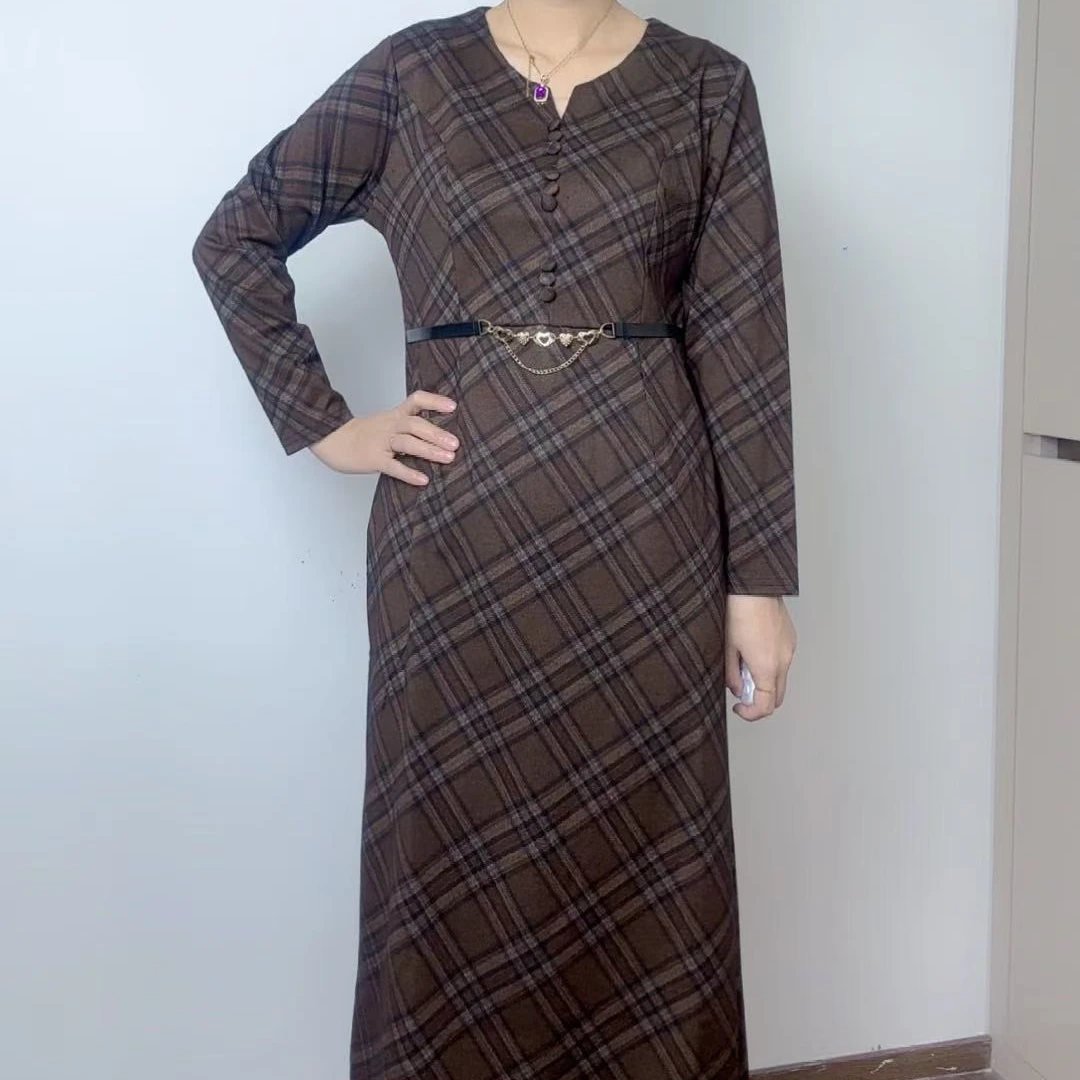 新疆磨毛德绒冬季新款格纹高端气质连衣裙直筒