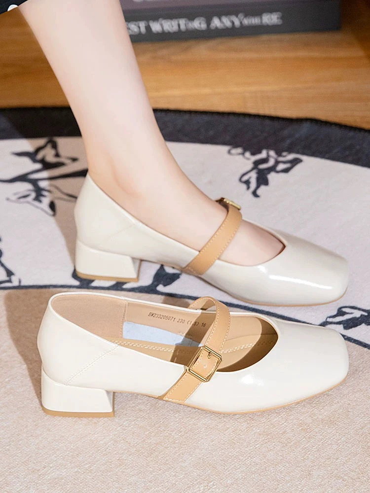 0417新款玛丽珍跟鞋女鞋百搭粗跟方头低跟浅口牛皮单鞋
