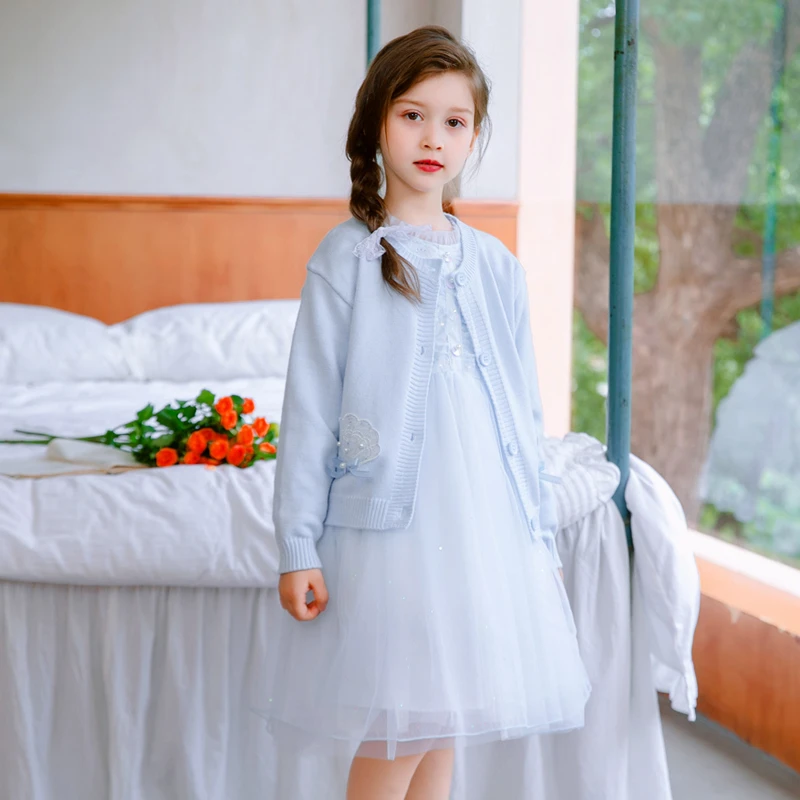 女童两件套连衣裙秋装新款洋气针织长袖开衫外套网纱公主裙子