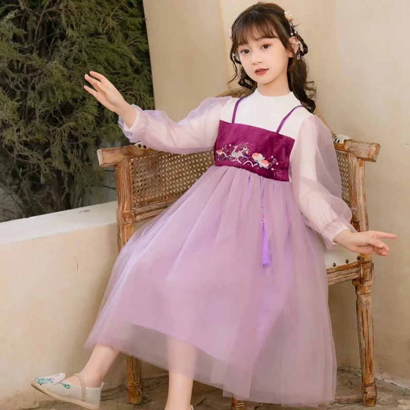 女童毛衣汉服连衣裙新款儿童洋气网纱裙子秋冬公主裙