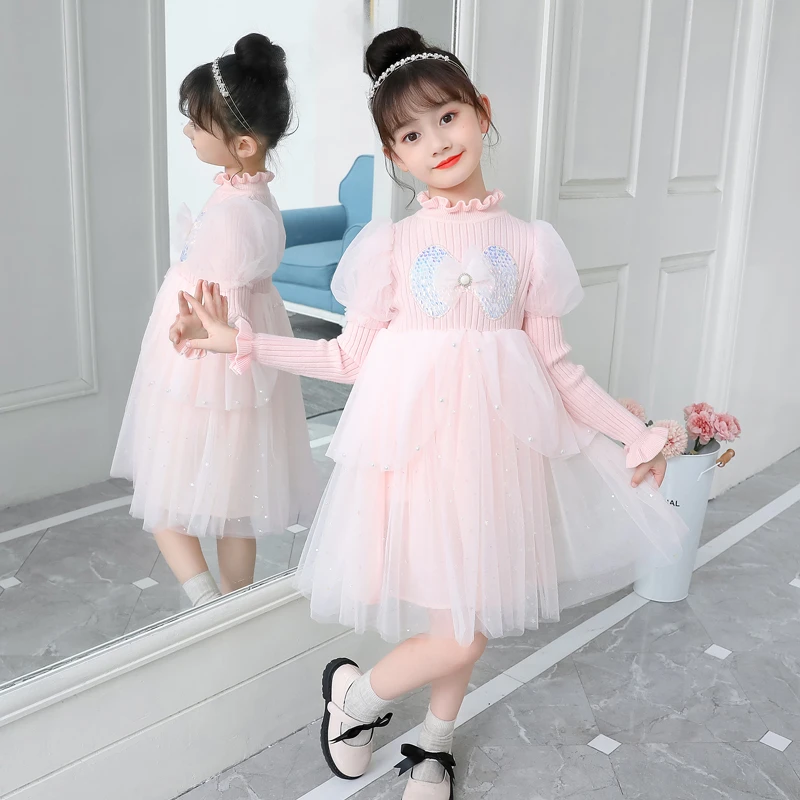 女童毛衣公主裙秋冬新款小香风洋气连衣裙小女孩网纱裙子