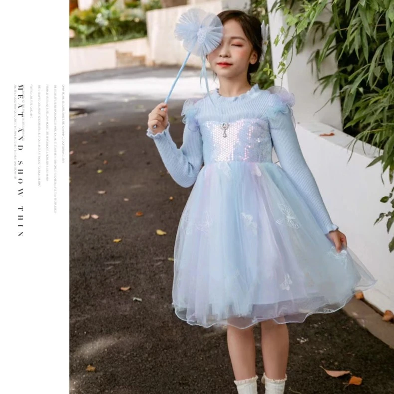 清仓 女童爱莎毛衣公主裙秋冬新款儿童洋气小女孩连衣裙网纱裙