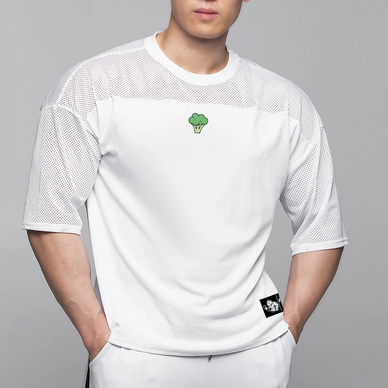 西蓝花健身狗T恤印花网眼拼接透气棉短袖跑步休闲篮球宽松大码夏