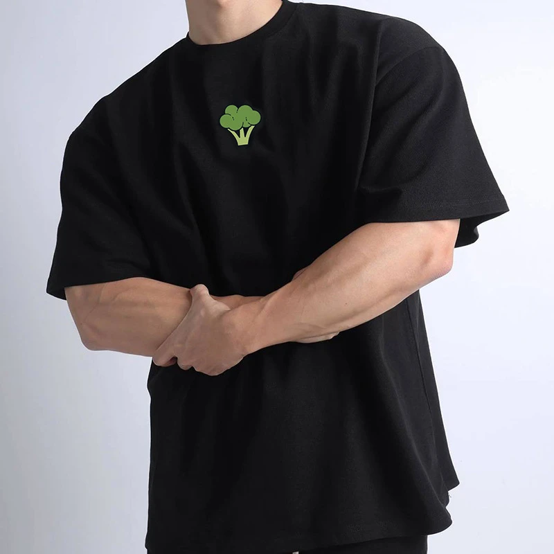 夏季GYM西兰花元素短袖宽松落肩袖运动速干T恤男透气网眼布健身衣