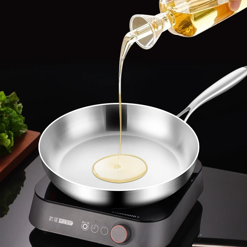 316不锈钢三层钢平底煎锅牛排炒锅可折叠手柄德国家用通用一体成